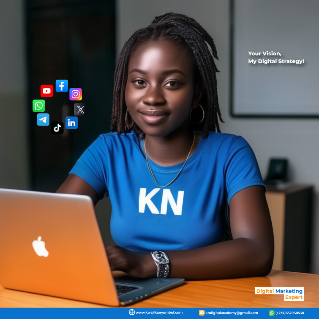 Lady wearing KN tshirt sitting in an office providing digital marketing services